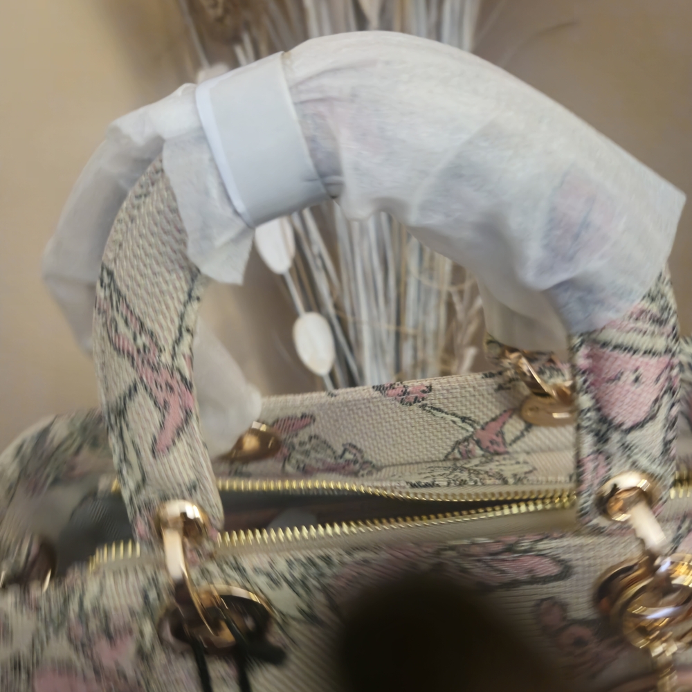 Floral Pink Accent Tote Bag with Gold Hardware - Picture 9 of 11